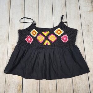 Dizzy Lizzy Crochet Tank Top Floral Sleeveless Black‎ Blouse XL